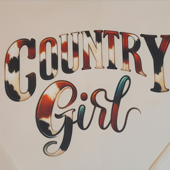 COUNTRY Girl Long Sleeve Shirt – Cow Print Graphic Tee, Western Boho Rural Style - Picture 2 of 11